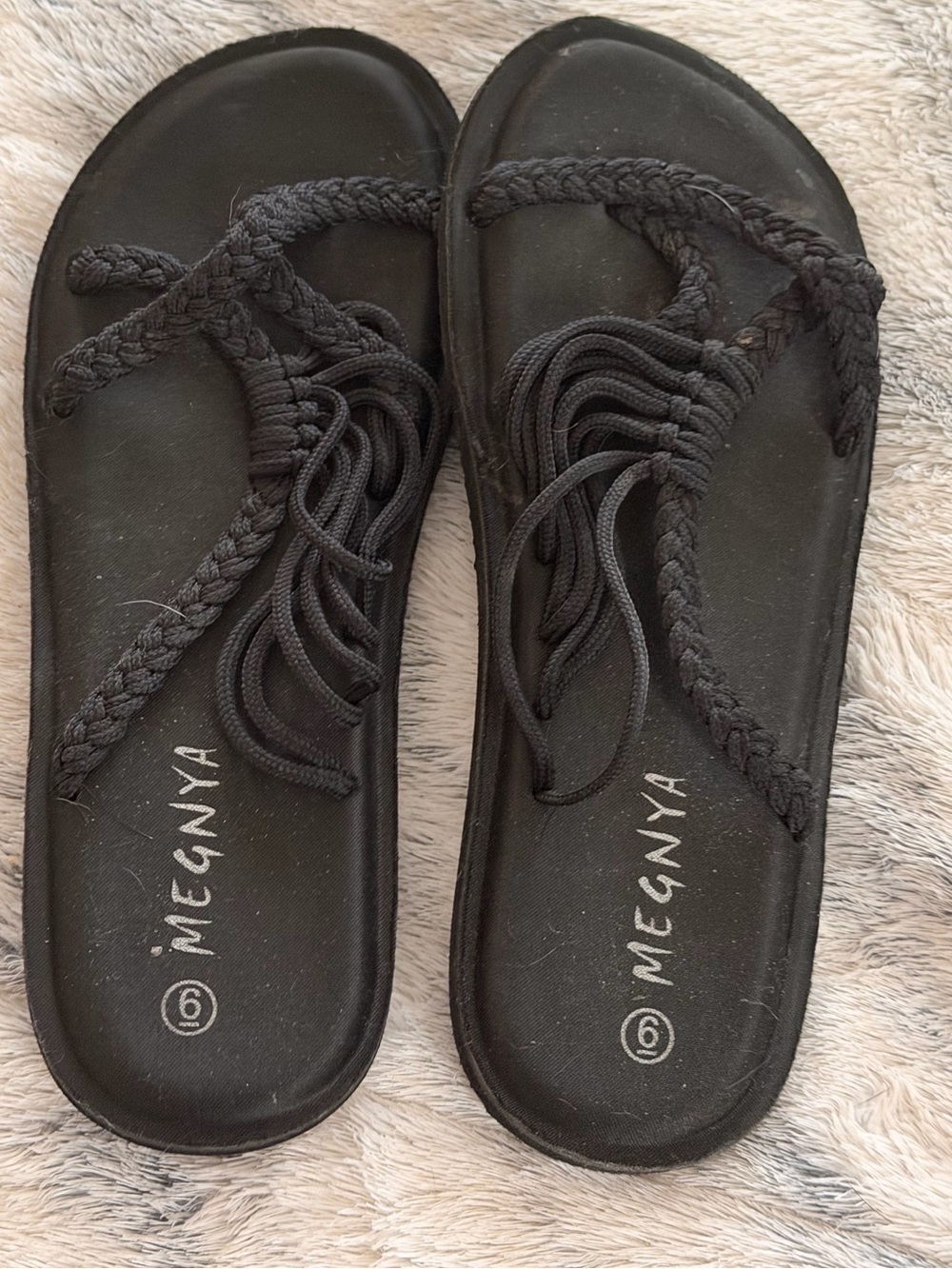Megnya Women's Black Braided Rope Flip Flop Sandals